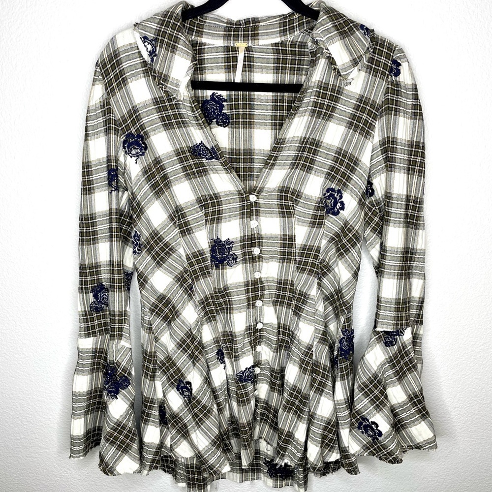 Free People Ezra Green & White Plaid Bell sleeve embroidered Shirt S